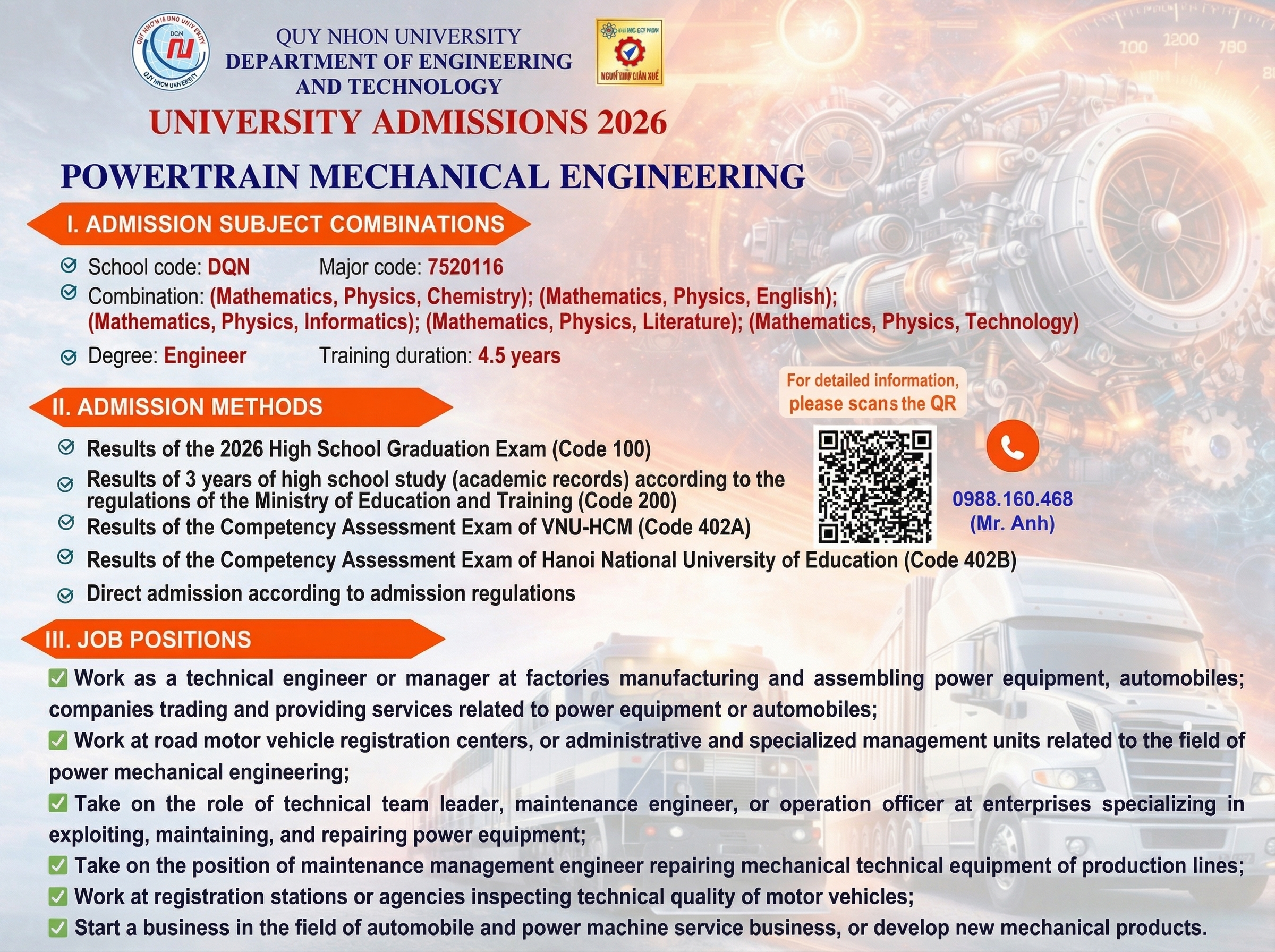 2026 ADMISSIONS ANNOUNCEMENT FOR POWERTRAIN MECHANICAL ENGINEERING MAJOR